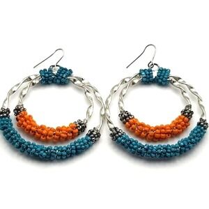Silver Tone Circle Tangerine and Turquoise Seed Beads Boho Hook Earrings